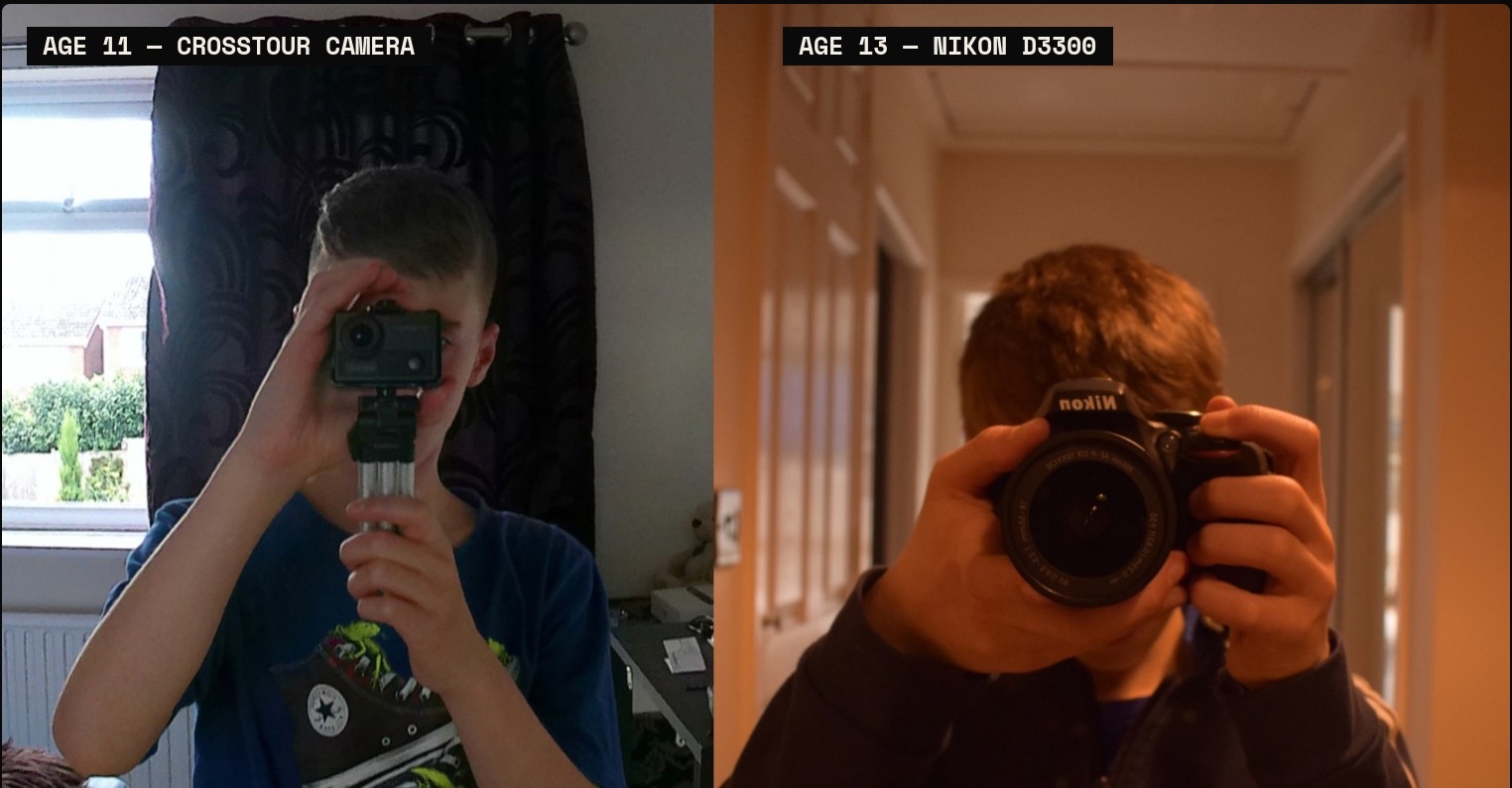 Ben as a young teenager filming with a Crosstour camera on a tripod, and later with his first Nikon D3300 camera